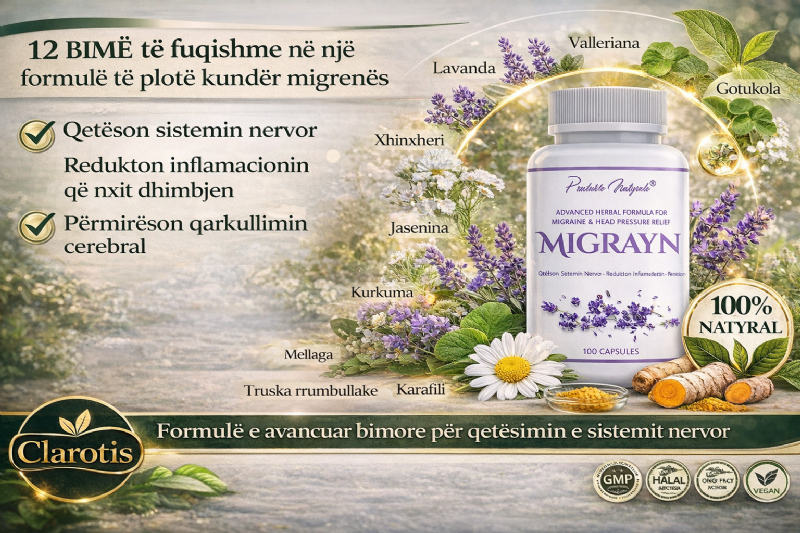MIGRAYN suplement bimor nga Clarotis, produkt per presion ne koke dhe sy, kapsula per qetesim te sistemit nervor, suplement per inflamacion nervor, kapsula per oksigjenim te trurit, trajtim natyral per migrene kronike, kapsula per stres dhe lodhje mendore